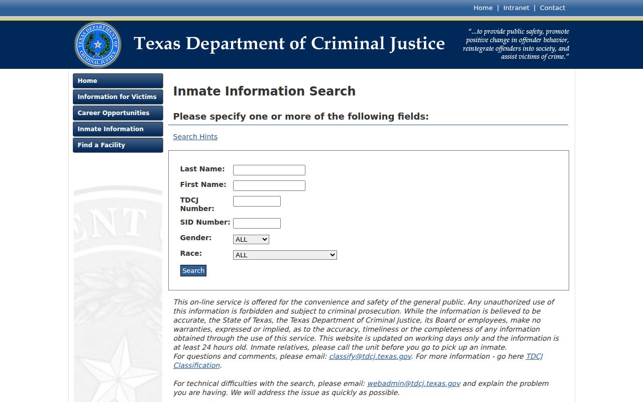 TDCJ inmate search for custody after a Shelby County arrest
