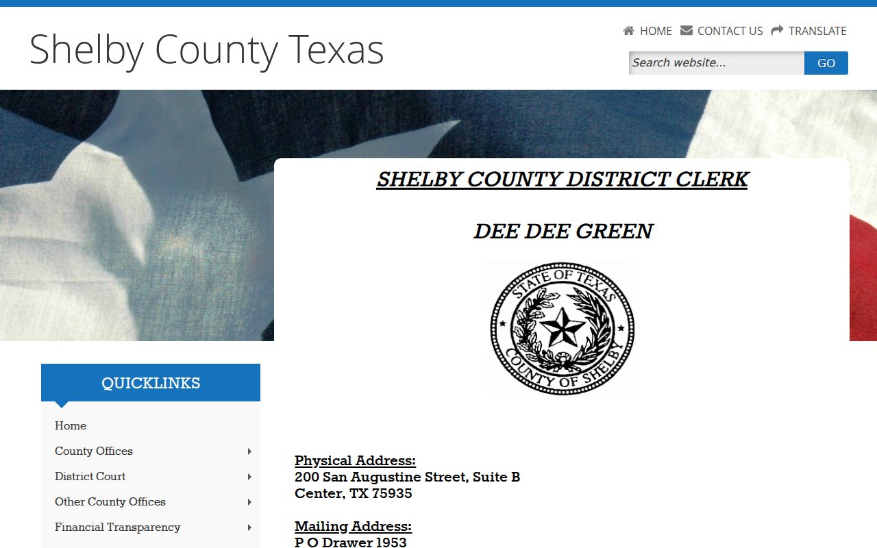 Shelby County District Clerk criminal court record contact page