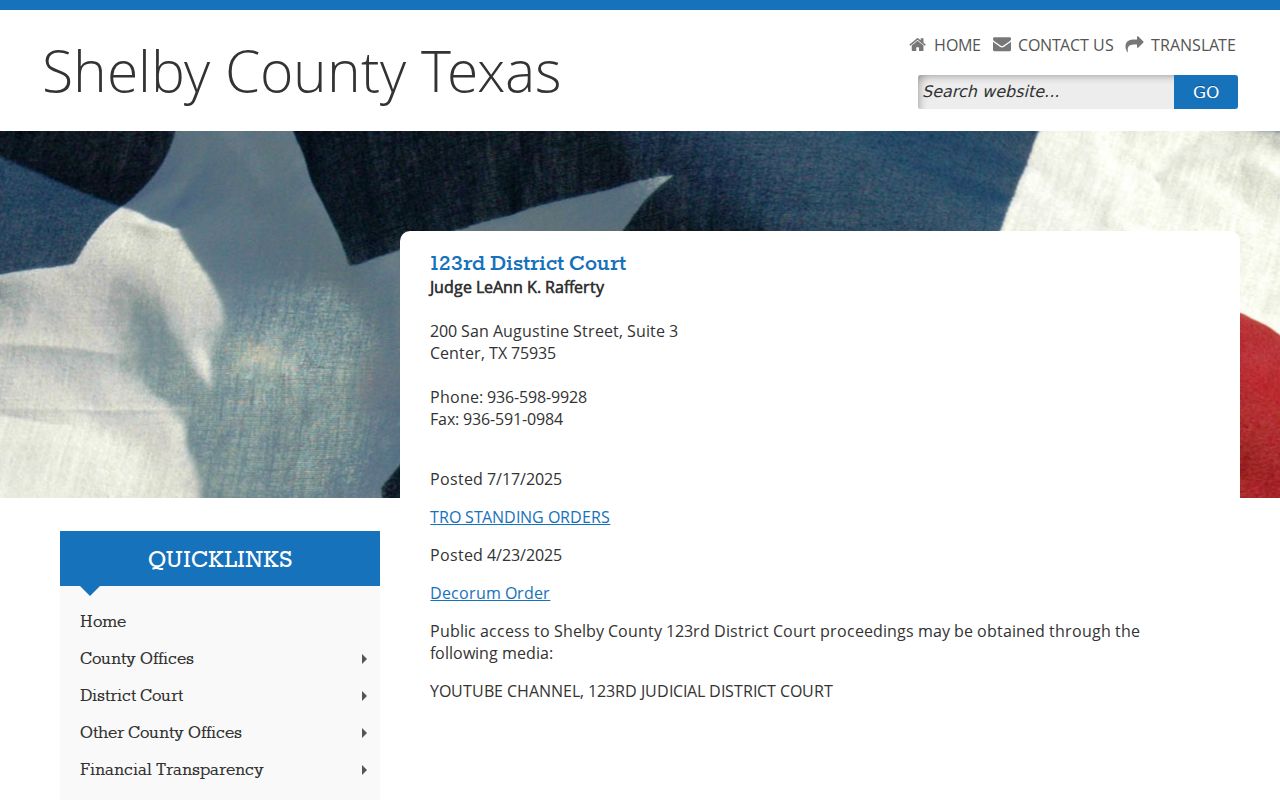 Shelby County criminal court records page for the 123rd District Court