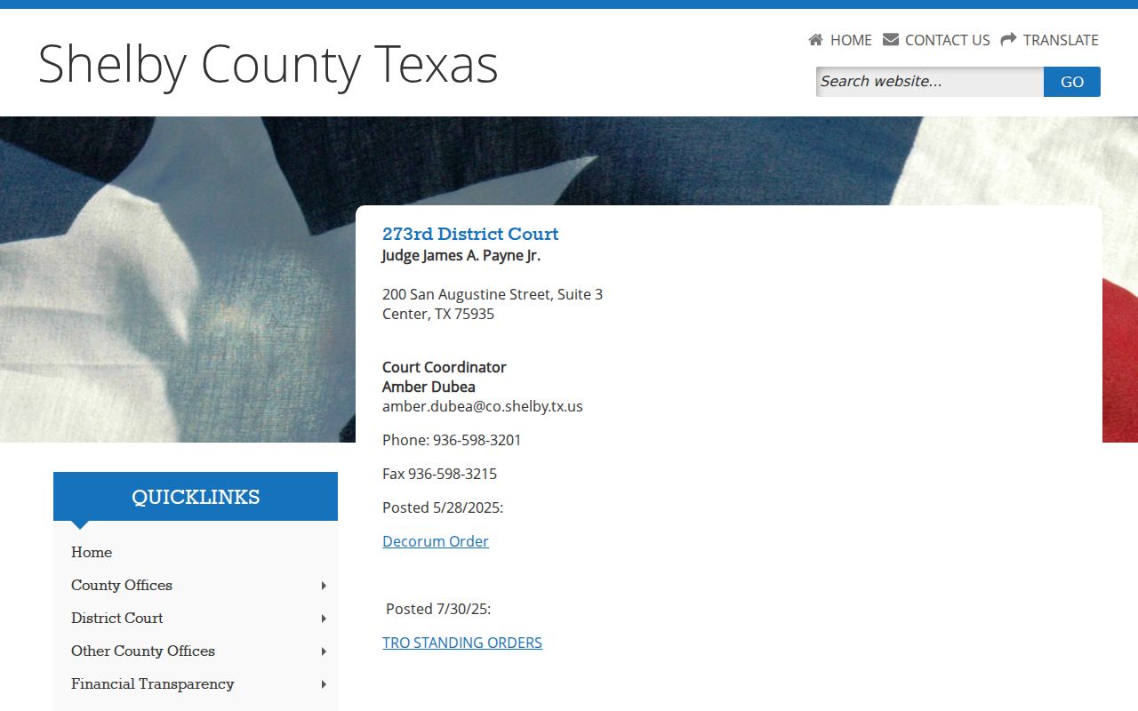 Shelby County criminal court records page for the 273rd District Court