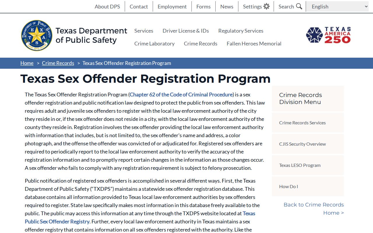 Shelby County sex offender registry information from the Texas DPS program