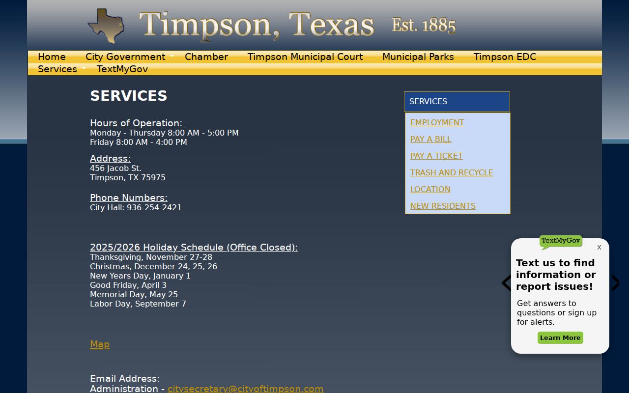 Timpson City Hall services page with municipal contact and office hours
